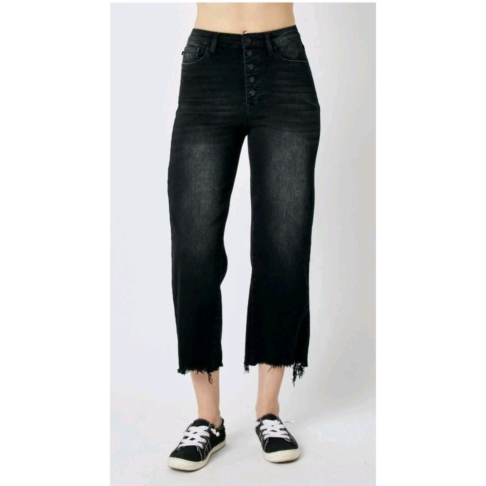 Judy Blue Denim Jeans Womens 1/25 Black Destroy RawHem Wide Leg